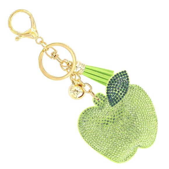 Bling Rhinestone Puffer Green Apple Man Tassel Keyring Bag Charm - Picture 1 of 2
